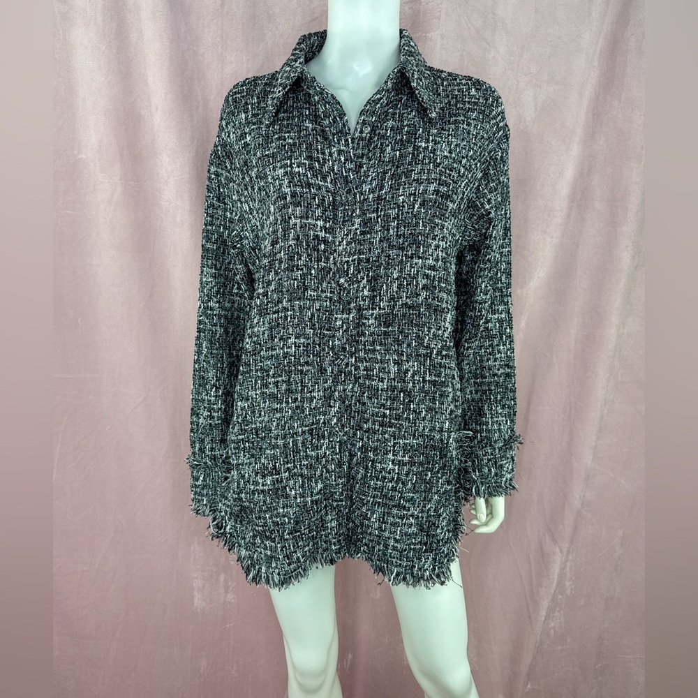 Apparis Womens Black Tweed Shirt Jacket Shacket Size Medium Snap Button